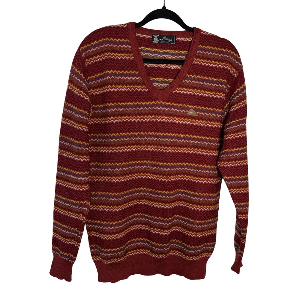 Vintage Monte Carlo Collection Pure New Wool V-Neck Sweater Burgundy Multi Sz 42